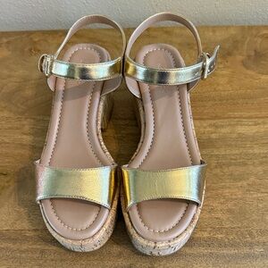 Gold Strappy Sandals with Cork Wedge
